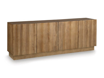 Ashley Furniture Timkins Accent Cabinet with closed doors, wood finish, and modern design, shown from an angled perspective.