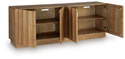 Open view of Ashley Furniture Timkins Accent Cabinet showcasing its stylish design, wooden finish, and spacious storage compartments.
