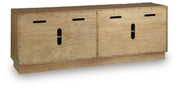 Ashley Furniture Timkins Accent Cabinet with wood finish and decorative hardware, shown from the back with open shelves.