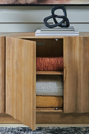 Ashley Furniture Timkins Accent Cabinet with wood finish and modern design, featuring sleek doors and decorative hardware.