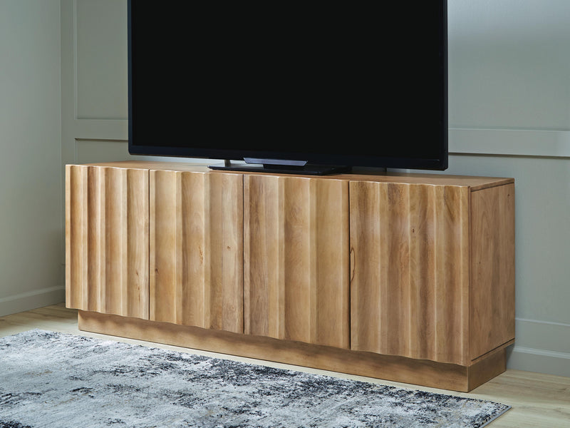 Ashley Furniture Timkins accent cabinet with wood finish and modern design, featuring storage drawers and decorative handles.