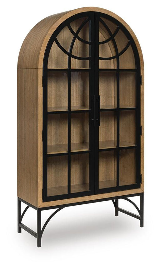 Ashley Furniture Gwenwich Accent Cabinet with sleek closed doors, wood finish, and modern design, shown from an angled view.