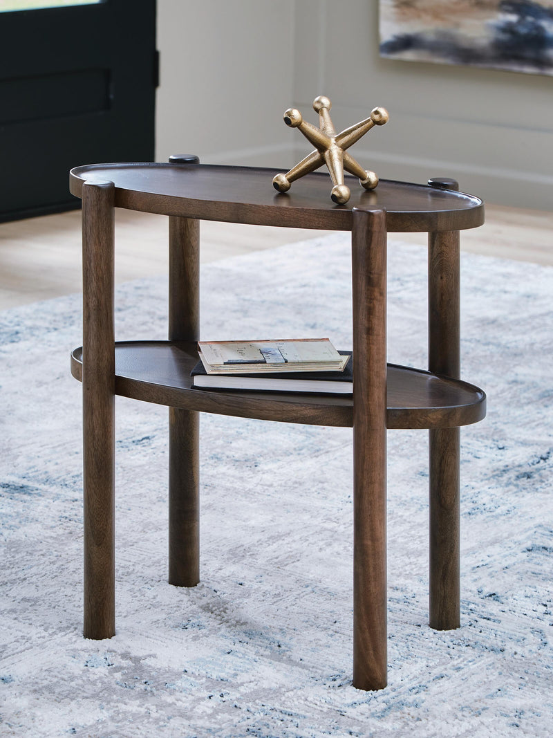 Ashley Furniture Wiattbury accent end table with a wooden top and sleek metal legs, perfect for living room decor.
