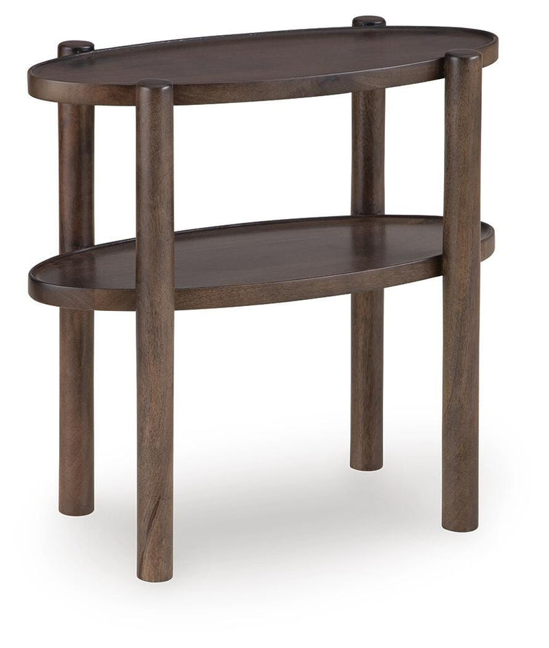 Ashley Furniture Wiattbury accent end table with a wooden top and metal legs, shown from an angled side view.
