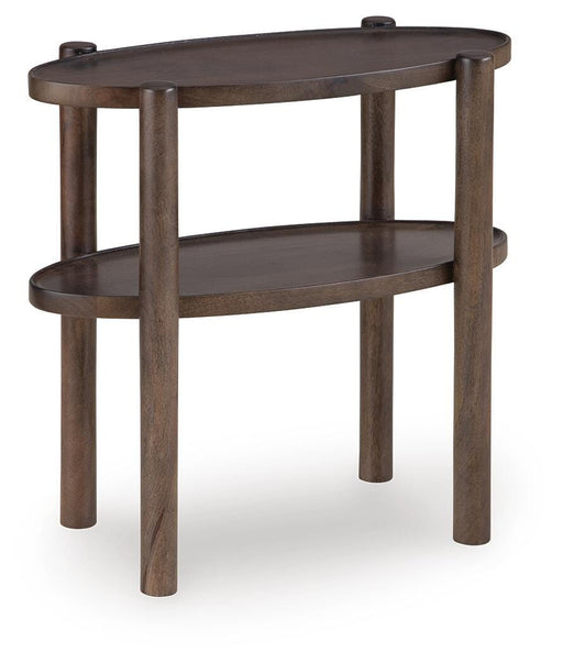 Ashley Furniture Wiattbury accent end table with a wooden top and metal legs, shown from an angled side view.