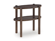 Ashley Furniture Wiattbury accent end table with a wooden finish and sleek design, shown from an angled side view.