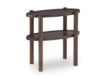 Ashley Furniture Wiattbury accent end table with a wooden finish and sleek design, shown from an angled side view.