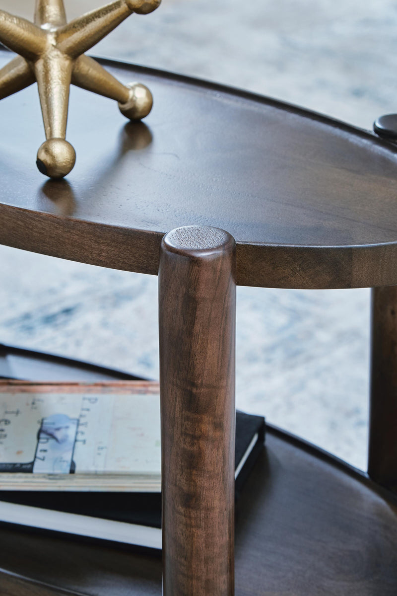 Ashley Furniture Wiattbury accent end table with a wooden top and metal legs, ideal for living room or bedroom decor.