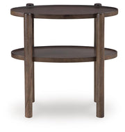 Ashley Furniture Wiattbury accent end table with a sleek wooden surface and modern design, shown from a front head-on view.