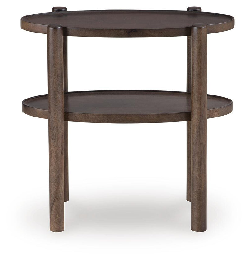 Ashley Furniture Wiattbury accent end table with a sleek wooden surface and modern design, shown from a front head-on view.