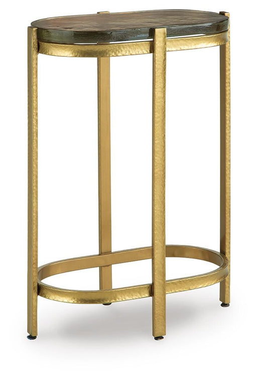 Ashley Furniture Porterville Accent End Table with wooden top and tapered legs, shown from an angled view.