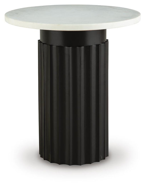 Ashley Furniture Wainstone accent end table with a sleek wooden surface and modern design, perfect for living room decor.