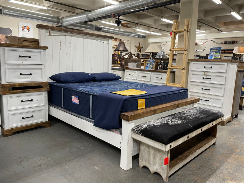 Wimberley 5-piece farmhouse queen bedroom set by Monterrey Furniture featuring a bed, dresser, mirror, two nightstands, and a chest