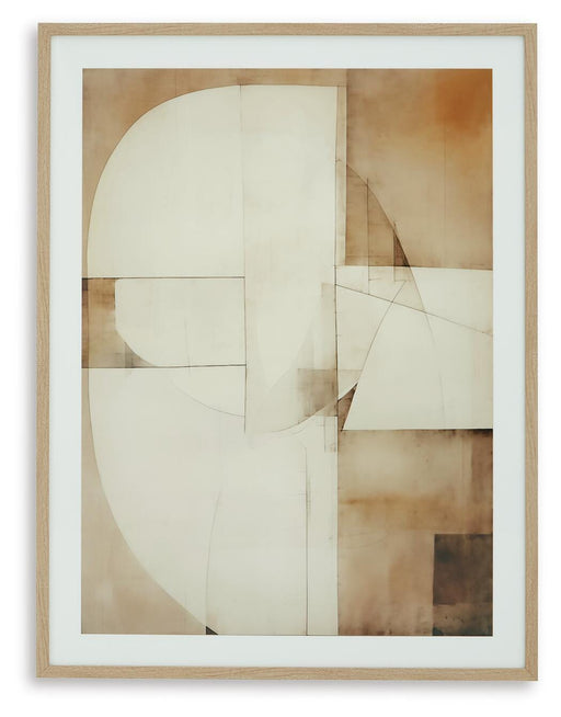 Ashley Furniture Corlain Wall Art featuring an abstract design in neutral tones, mounted on a white wall.