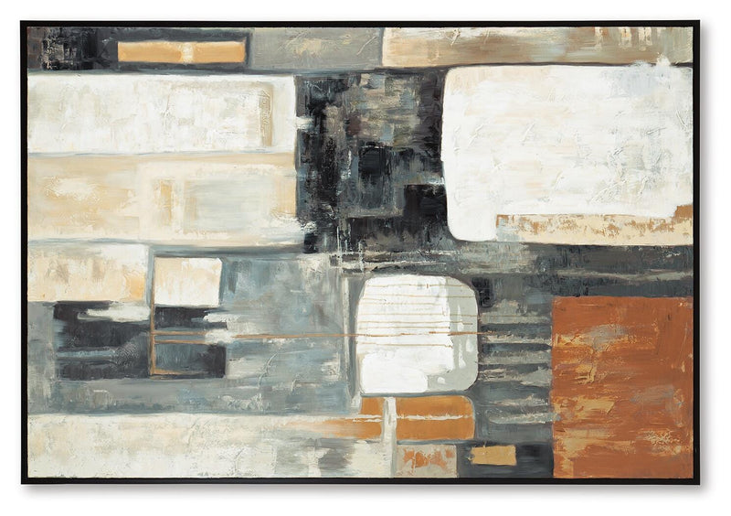 Ashley Furniture Howford Wall Art featuring a modern, abstract design with vibrant colors and textured details.
