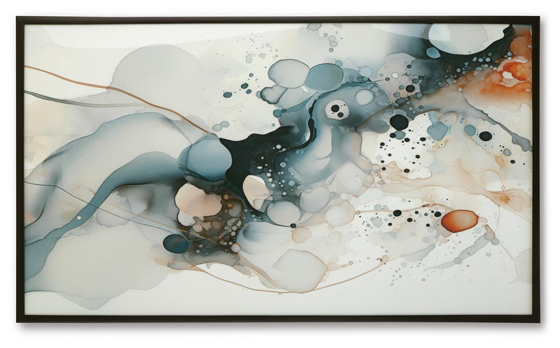 Ashley Furniture Foxenburg Wall Art featuring a modern, abstract design with vibrant colors on a sleek wall background.