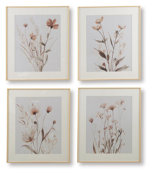 Set of four Chettings Wall Art pieces by Ashley Furniture, featuring modern abstract designs in vibrant colors.