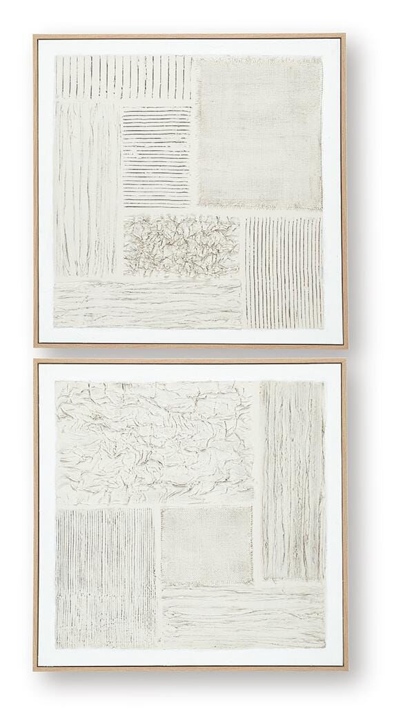 Set of two Andorfield wall art pieces by Ashley Furniture featuring modern, abstract designs in neutral tones.