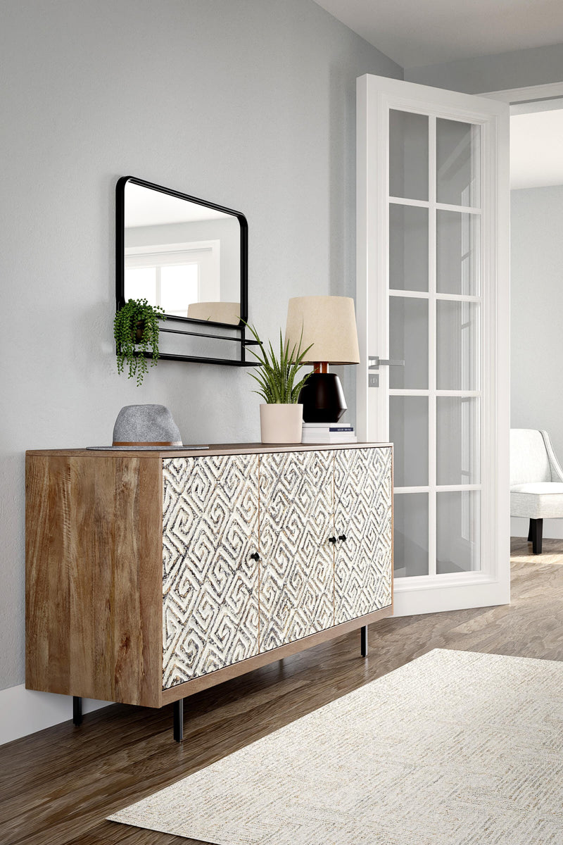 Ashley Furniture Kerrings accent cabinet with wood finish and stylish design, featuring doors and storage space.