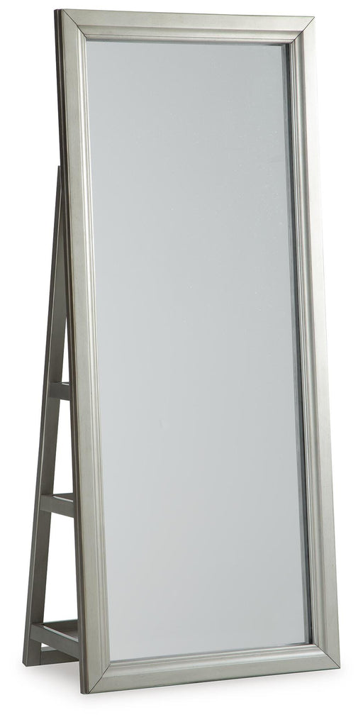 Ashley Furniture Evesen floor-standing mirror with built-in storage, showcasing a sleek mirror with storage compartments.