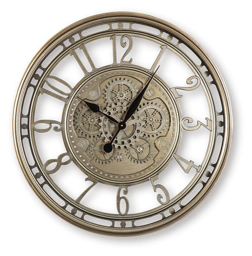 Ashley Furniture Gilover wall clock with a modern design, featuring a round shape and sleek black frame.