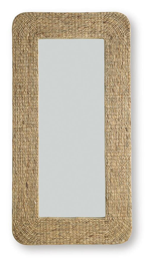 Full-length Norigan floor mirror by Ashley Furniture with a sleek, modern frame standing on a hardwood floor.