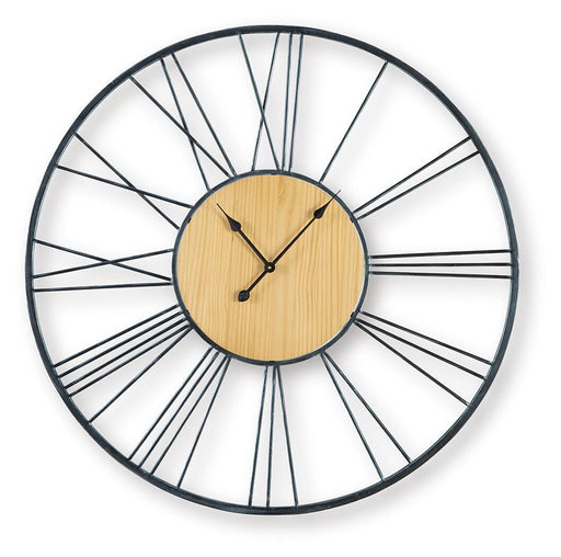 Ashley Furniture Brockett wall clock with a round wooden frame and classic design, hanging on a neutral-colored wall.