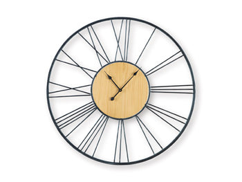 Ashley Furniture Brockett wall clock with a modern round design and black finish, featuring Roman numerals and minimalist style.