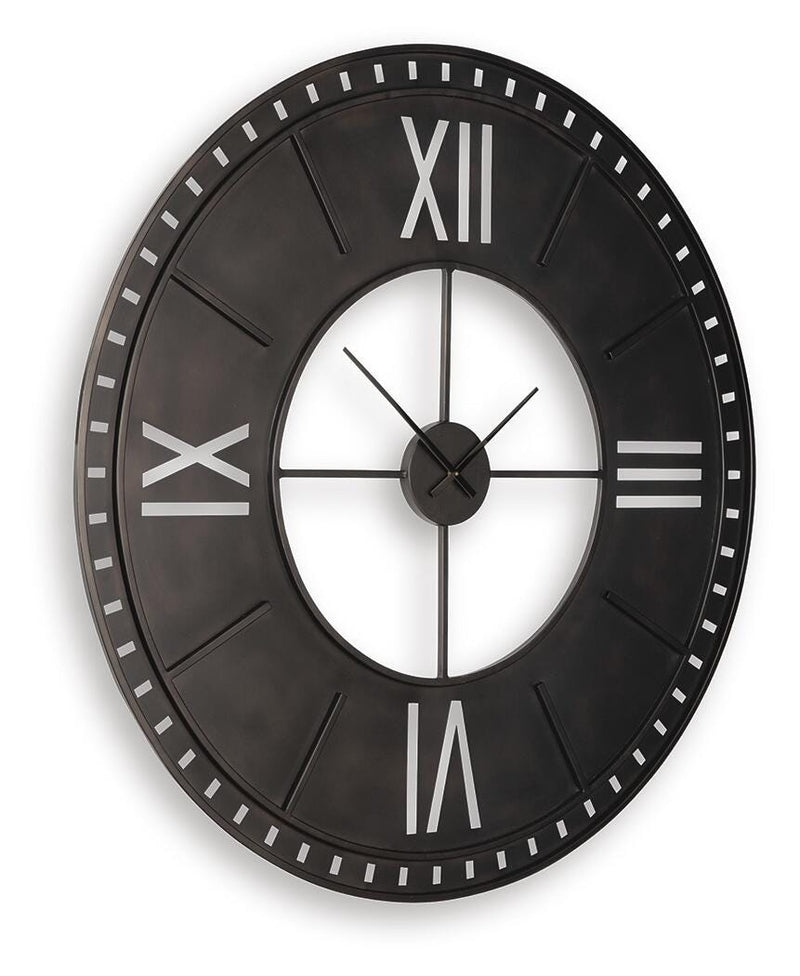 Ashley Furniture Lytle Wall Clock featuring a modern design with a round face and stylish frame, mounted on a wall.