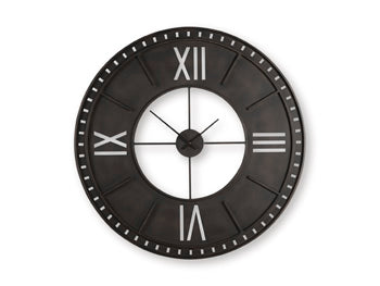 Ashley Furniture Lytle Wall Clock with a sleek round design and modern black frame, hanging on a wall.