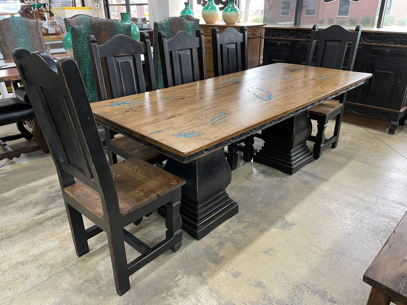 Reclaimed Wood Dining Set with Turquoise Electrified Top – 8 Chairs