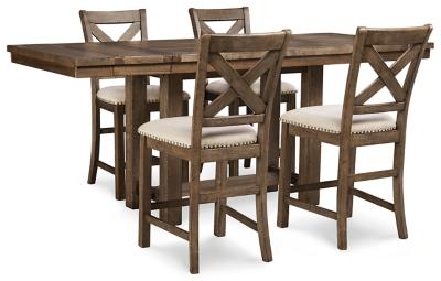Ashley Furniture Moriville counter height dining set with four chairs and a rectangular table in a modern dining room setting.