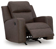 Lavenhorne recliner in dark brown leather from Ashley Furniture, showcasing plush cushioning and a comfortable armrest design.