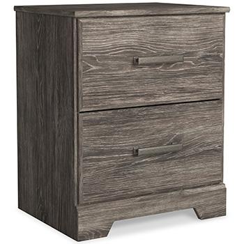 Ashley Furniture Ralinksi nightstand with drawer and open shelf in warm wood finish, showcasing modern bedroom storage.