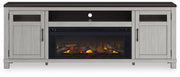 Ashley Darborn 88-inch TV stand with built-in electric fireplace, featuring wood finish and storage cabinets.