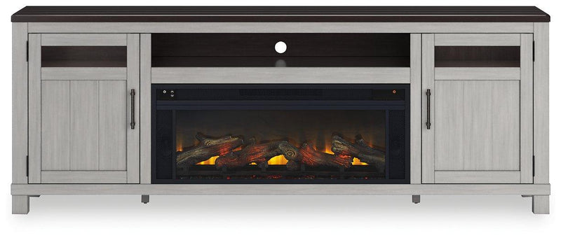 Ashley Darborn 88-inch TV stand with built-in electric fireplace, featuring wood finish and storage cabinets.