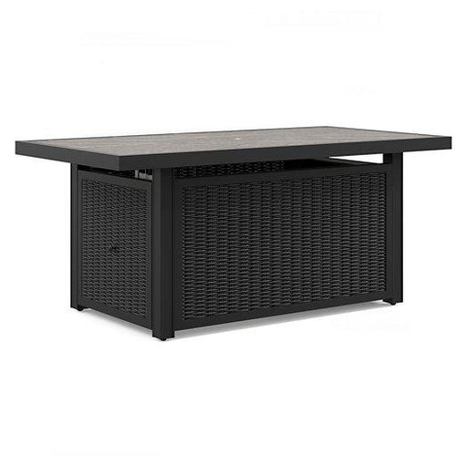Outdoor Ashley Furniture Beachcroft outdoor fire pit table with a modern design and sturdy metal construction.