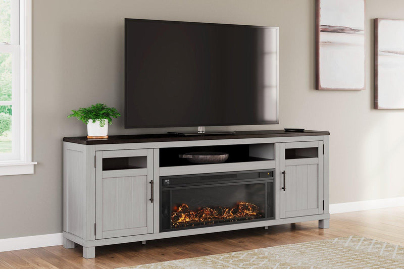 Ashley Darborn 88-inch TV stand with electric fireplace, wood finish, and storage cabinets for modern entertainment setup.