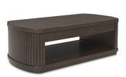Ashley Furniture Korestone occasional table set with two sleek, modern living room tables featuring wood finishes and metal legs.