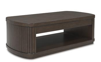 Ashley Furniture Korestone occasional table set with two sleek, modern living room tables featuring wood finishes and metal legs.