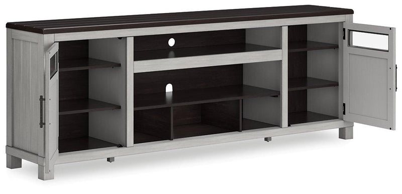 Ashley Darborn 88-inch TV stand with built-in electric fireplace, brown wood finish, modern design, and storage cabinets.