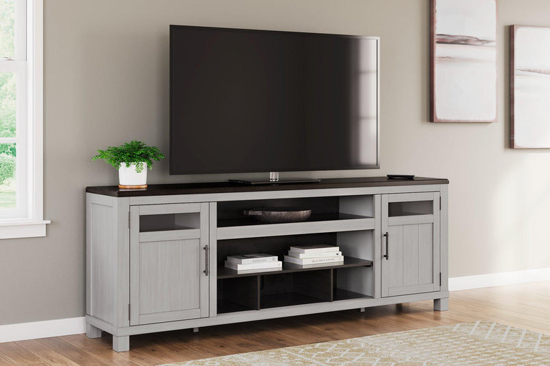 Ashley Furniture Darborn 88-inch TV stand with electric fireplace, featuring storage cabinets and a modern wood finish.