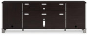 Ashley Furniture Darborn 88-inch TV stand with built-in electric fireplace, showcasing a modern wood finish and open shelving.