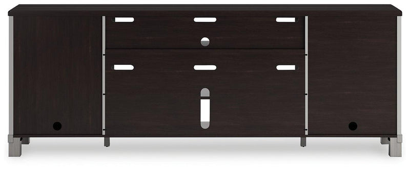 Ashley Furniture Darborn 88-inch TV stand with built-in electric fireplace, showcasing a modern wood finish and open shelving.