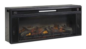 Ashley Darborn 88-inch TV stand with electric fireplace, wooden finish, storage cabinets, and modern design for living room decor.