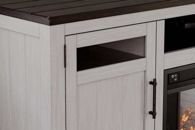 Ashley Darborn 88-inch TV stand with electric fireplace, featuring wood finish, storage compartments, and modern design.