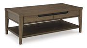 Ashley Furniture Roanhowe Occasional Table Set with two wooden tables featuring sleek, modern design and dark finish.