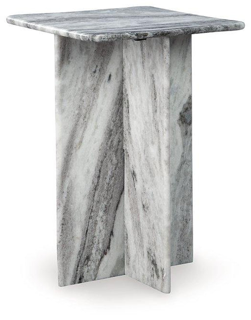 Ashley Furniture Keithwell accent table with a round wooden top and sleek metal legs, ideal for living room decor.