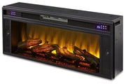 Ashley Darborn 88-inch TV stand with built-in electric fireplace, wood finish, and storage cabinets.