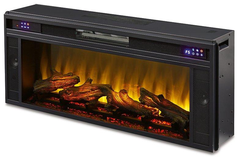 Ashley Darborn 88-inch TV stand with built-in electric fireplace, wood finish, and storage cabinets.